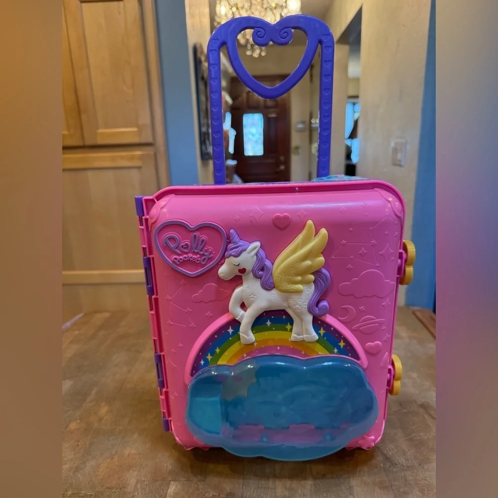Mattel Pink Polly Pocket Unicorn Party Rolling Case Resort with Purple Handle